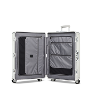 Geöffneter Aluminium-Trolley PHOENIX ALU (Größe L) – Blick auf das smarte, strukturierte Innenleben mit beidseitigem, flexiblem Packsystem für optimales Verstauen