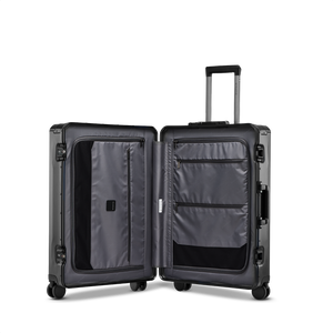 Geöffneter Aluminium-Trolley PHOENIX ALU (Größe M) – Blick auf das smarte, strukturierte Innenleben mit beidseitigem, flexiblem Packsystem für optimales Verstauen