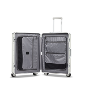 Geöffneter Aluminium-Trolley PHOENIX ALU (Größe M) – Blick auf das smarte, strukturierte Innenleben mit beidseitigem, flexiblem Packsystem für optimales Verstauen