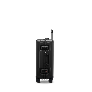 Seitenansicht des PHOENIX ALU Trolleys in Black aus Aluminium – zwei integrierte TSA-Zahlenschlösser an zwei Spangenverschlüssen und ergonomisch geformter Tragegriff