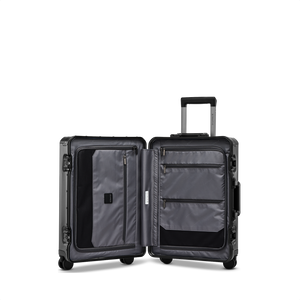 Geöffneter Aluminium-Trolley PHOENIX ALU (Größe S) – Blick auf das smarte, strukturierte Innenleben mit beidseitigem, flexiblem Packsystem für optimales Verstauen