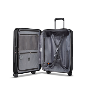 Geöffneter PHOENIX SL Trolley M zeigt das großzügige Packvolumen mit elastischen Kreuzpackgurten für knitterfreie Kleidung