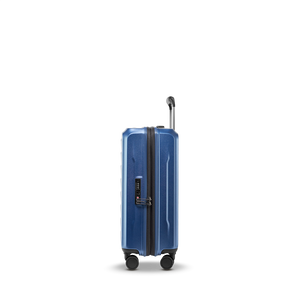 Seitenansicht des PHOENIX SL Trolley S in Navy mit integriertem TSA-Zahlenschloss, ergonomischem Tragegriff und seitlichem Reißverschluss