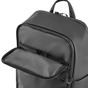 STRATIC Vibe Travel Backpack zwart detail – geopend voorvak met insteekvakken van mesh