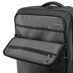 Sac à roulettes STRATIC Vibe noir, détail – Poche frontale ouverte avec compartiment zippé et poche plaquée