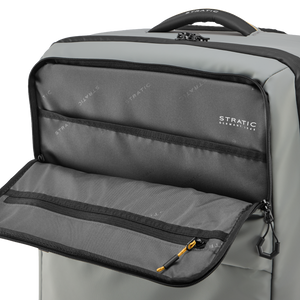 Sac à roulettes STRATIC Vibe gris, détail – Poche frontale ouverte avec compartiment zippé et poche plaquée